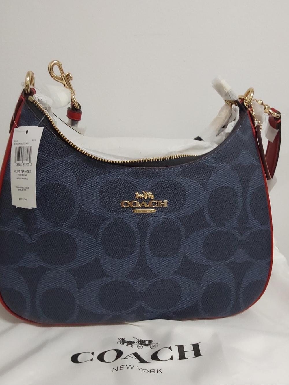 Coach Navy Signature Canvas Hobo with Red Trim and Gold Hardware